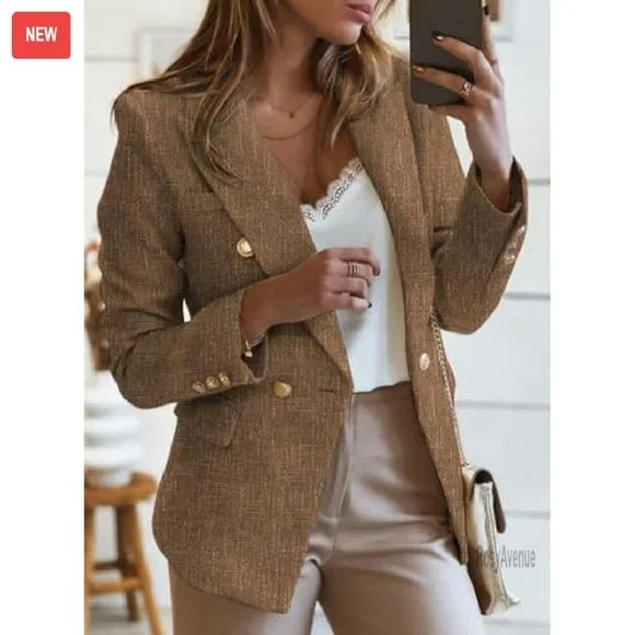Tweed Blazer Double Breasted Long Sleeve Open Front Work Office - Picture 4 of 8